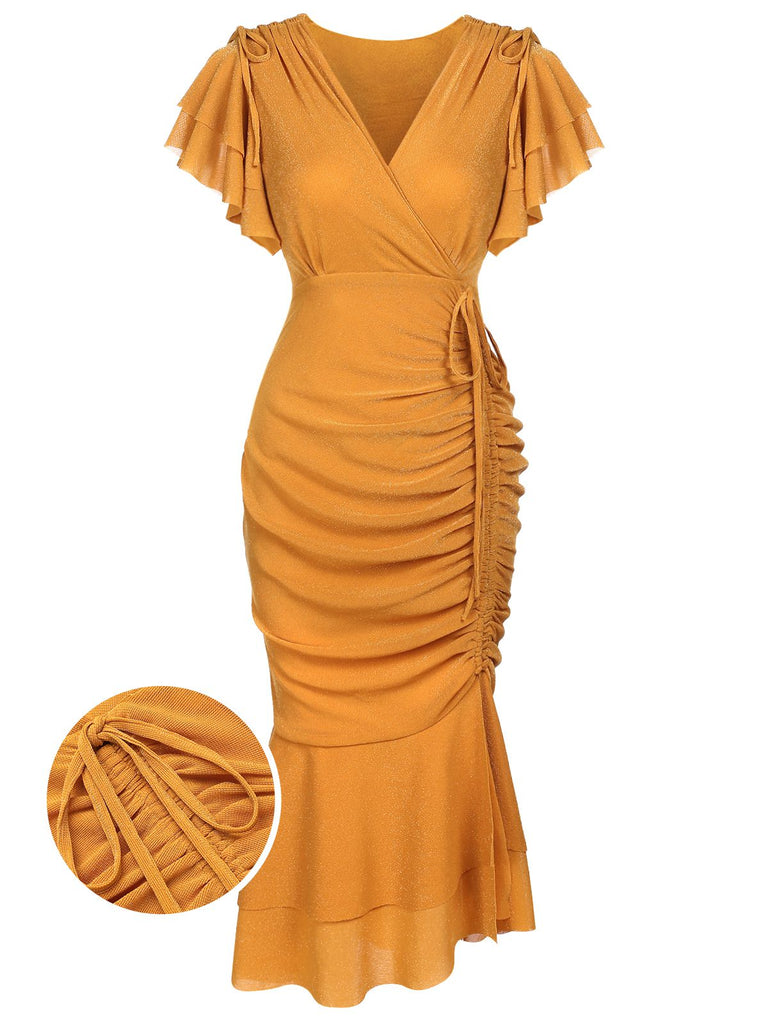 Front view: 1930s 1930s Ruffle Lace-up Fishtail Dr