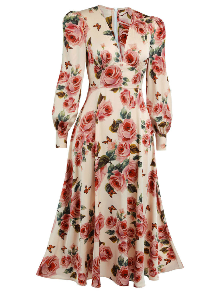 1940s Rose V-Neck Long Sleeves Dress — vintage elegance for the modern woman