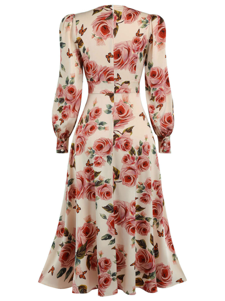 1940s Rose V-Neck Long Sleeves Dress: timeless style reimagined