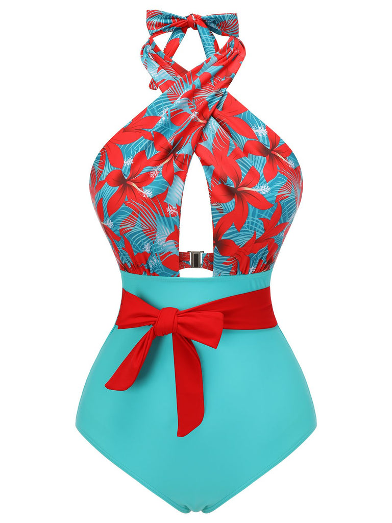 Side view: 1950s 1950s Bow Tie Floral Cross Straps