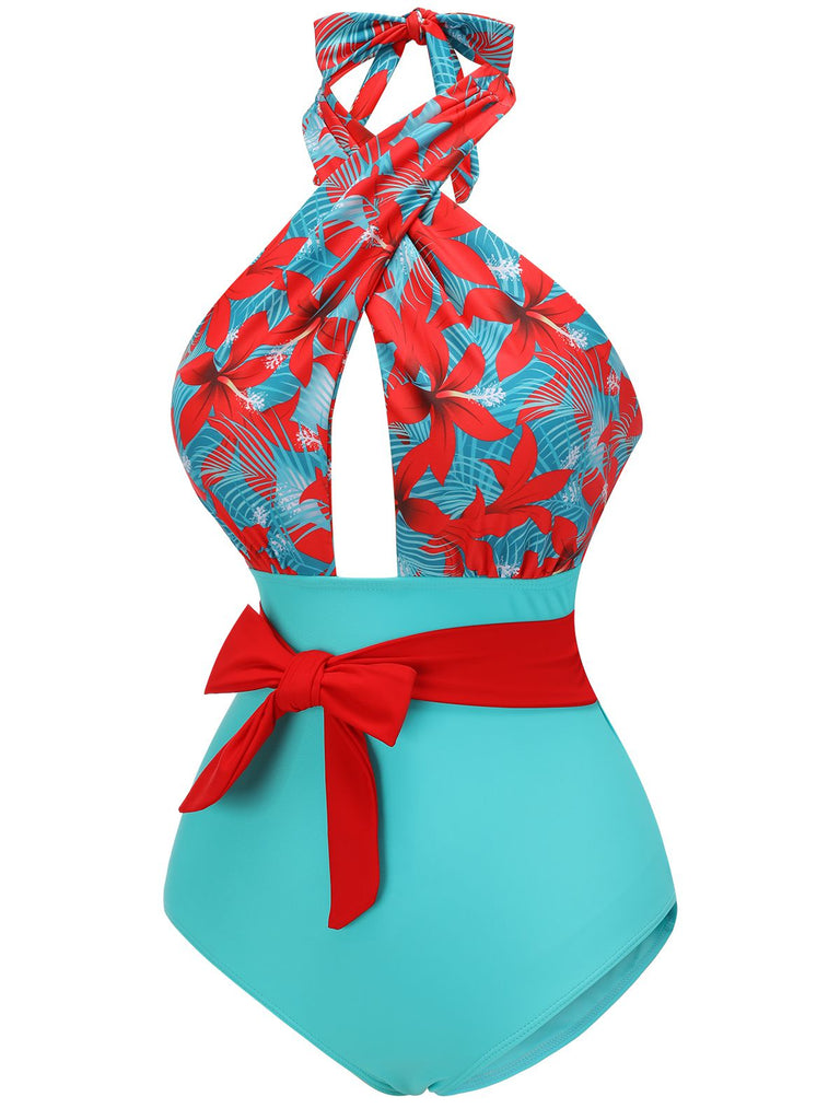 Back view: 1950s 1950s Bow Tie Floral Cross Straps
