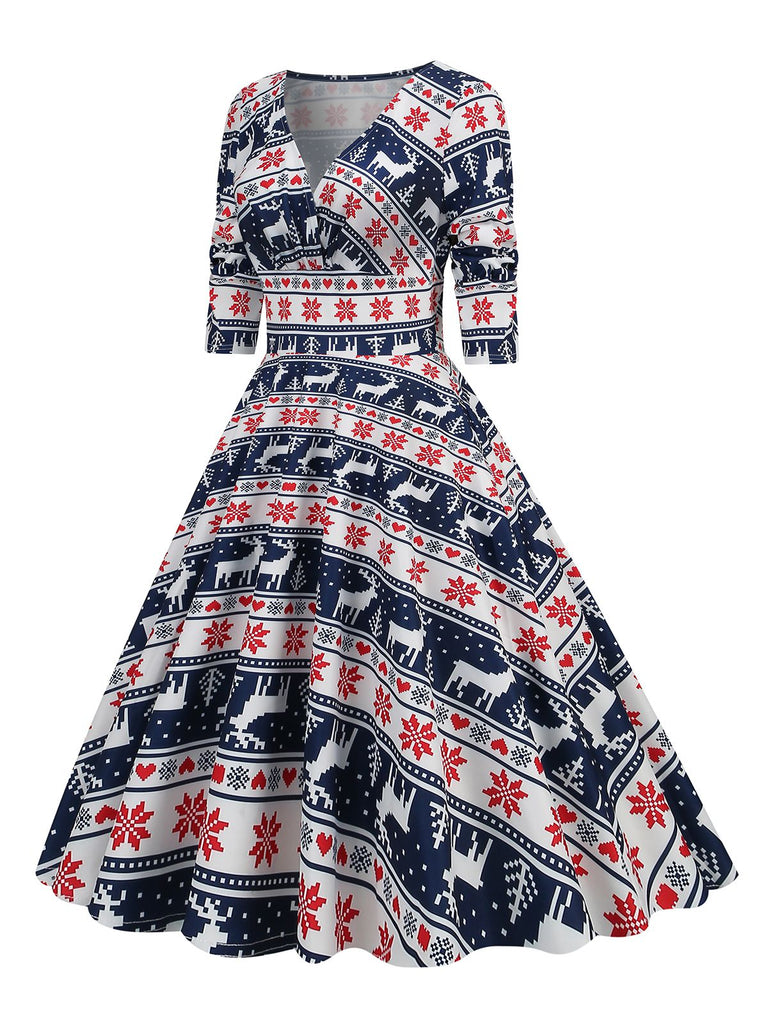1950s Christmas Patchwork V-neck Dress — vintage elegance for the modern woman