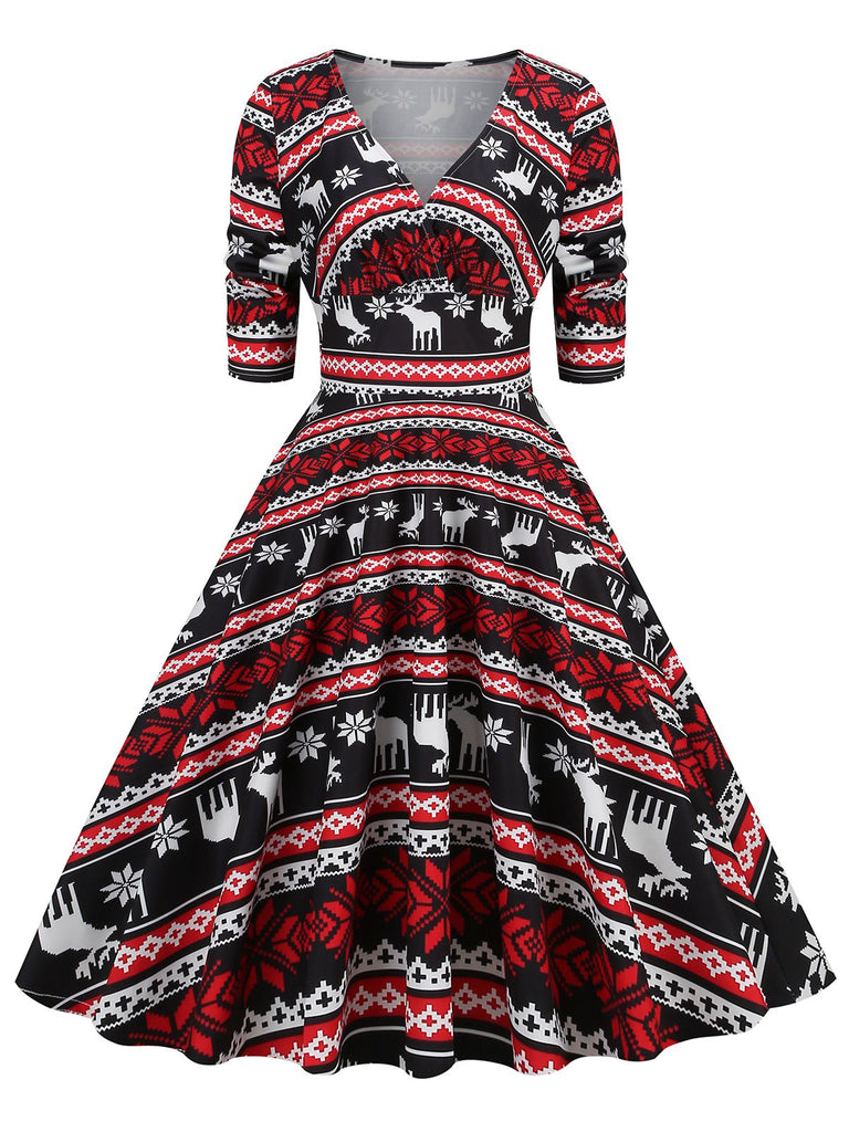 1950s Christmas Patchwork V-neck Dress: timeless style reimagined