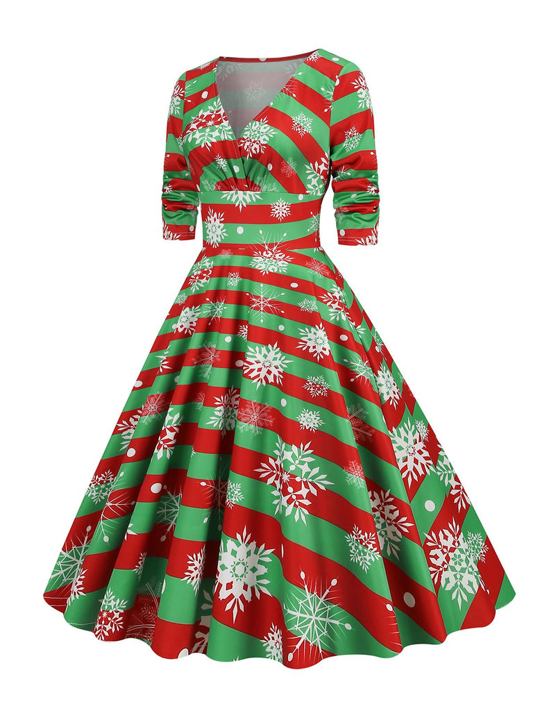 1950s Christmas Patchwork V-neck Dress — vintage elegance for the modern woman