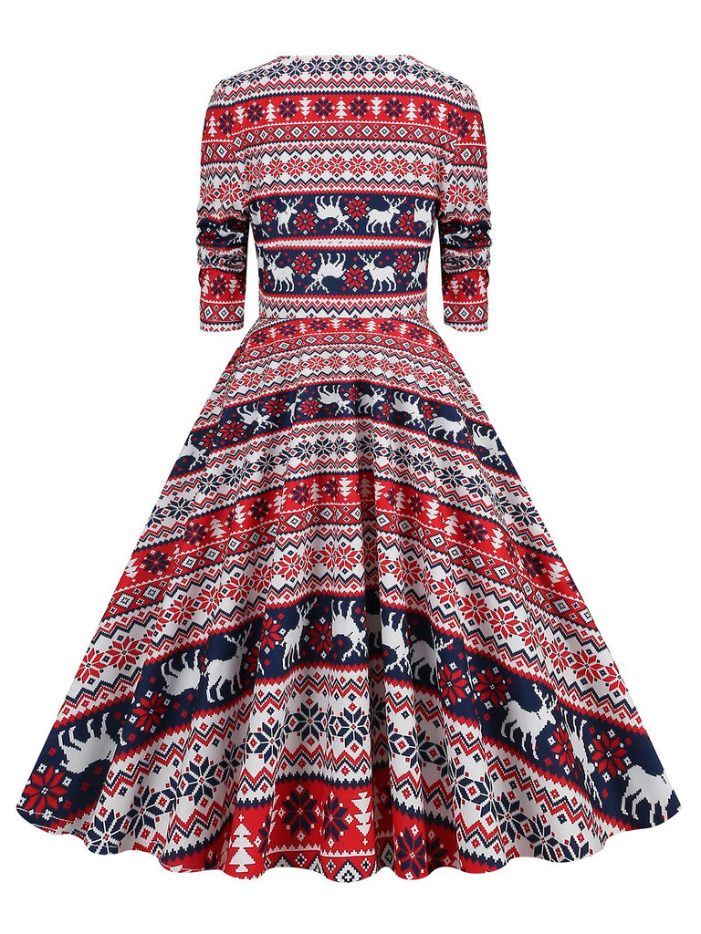 1950s Christmas Patchwork V-neck Dress — vintage elegance for the modern woman