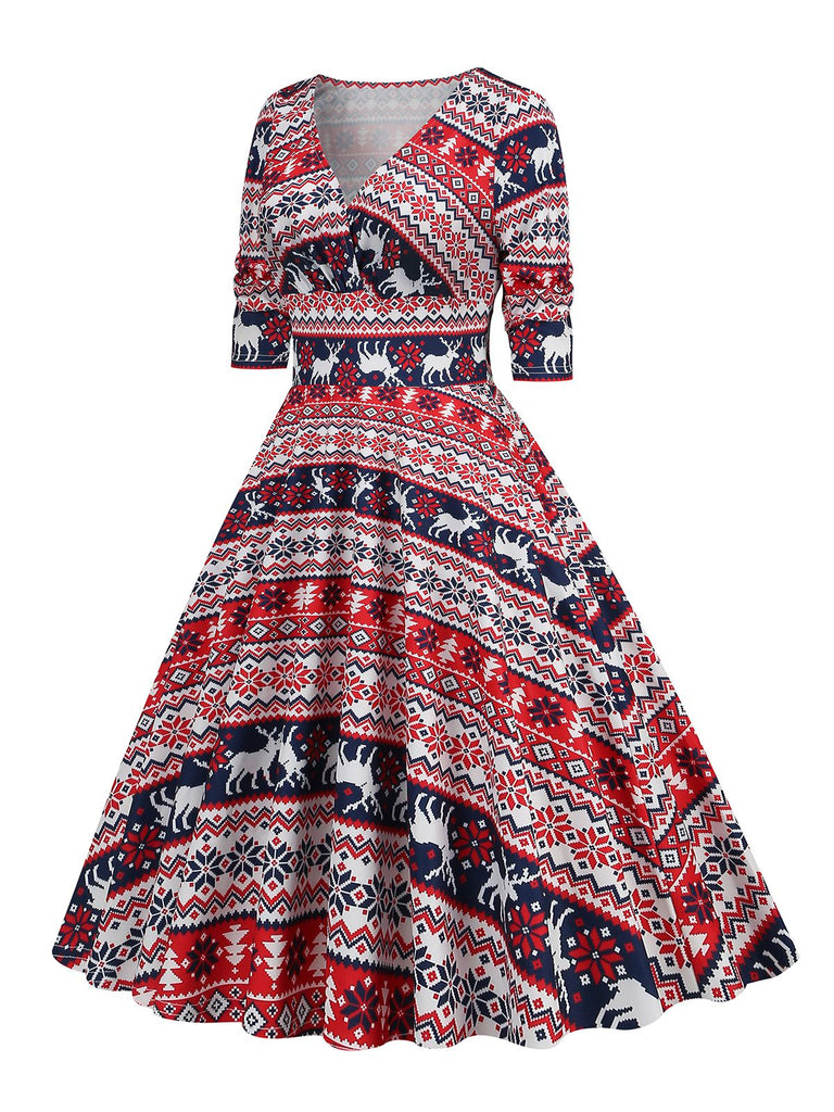 1950s Christmas Patchwork V-neck Dress: timeless style reimagined