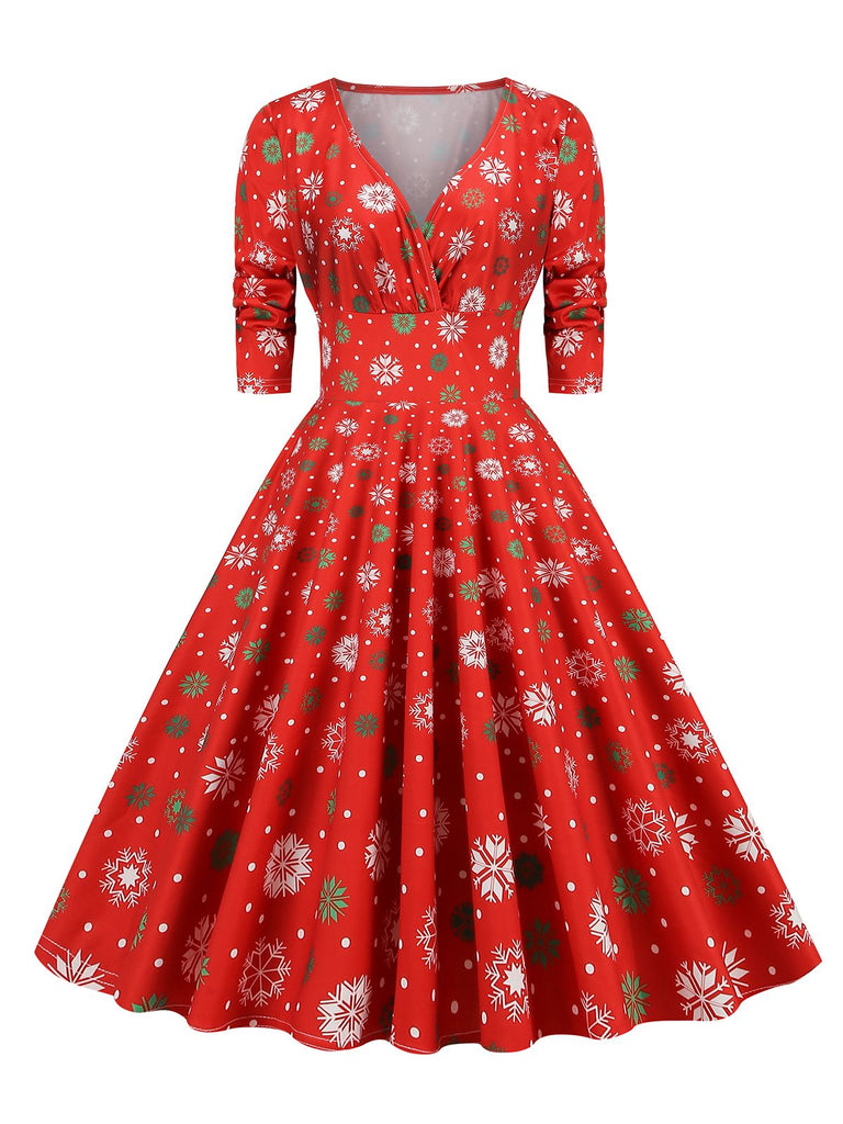 1950s Christmas Patchwork V-neck Dress — vintage elegance for the modern woman