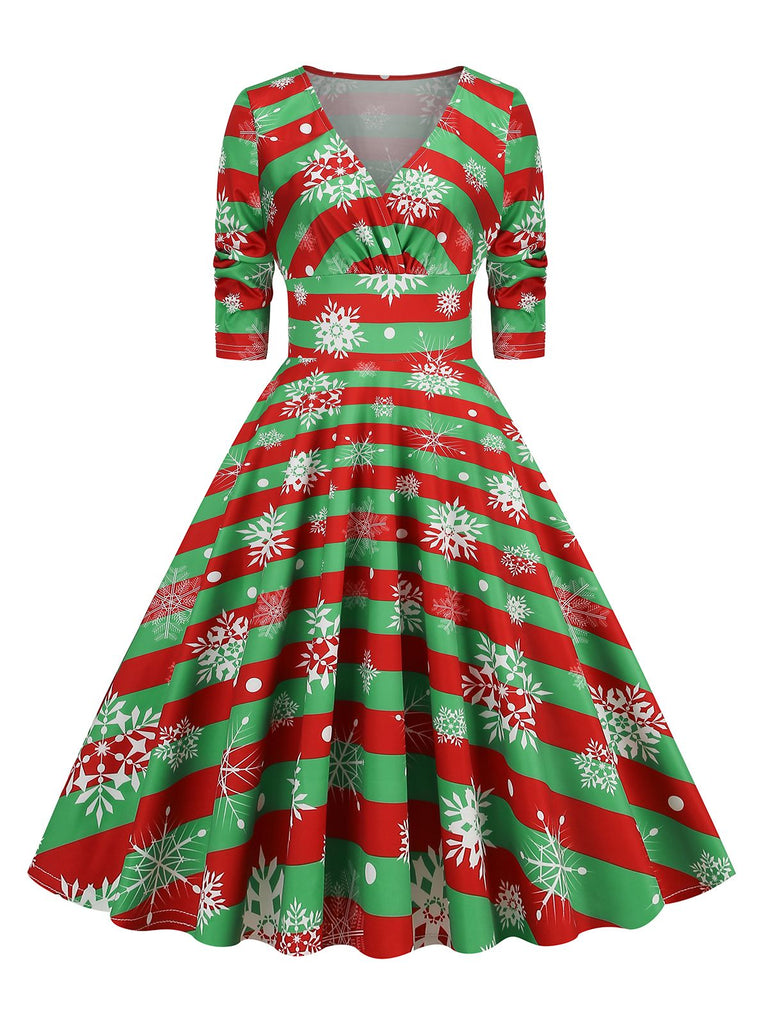 1950s Christmas Patchwork V-neck Dress: timeless style reimagined