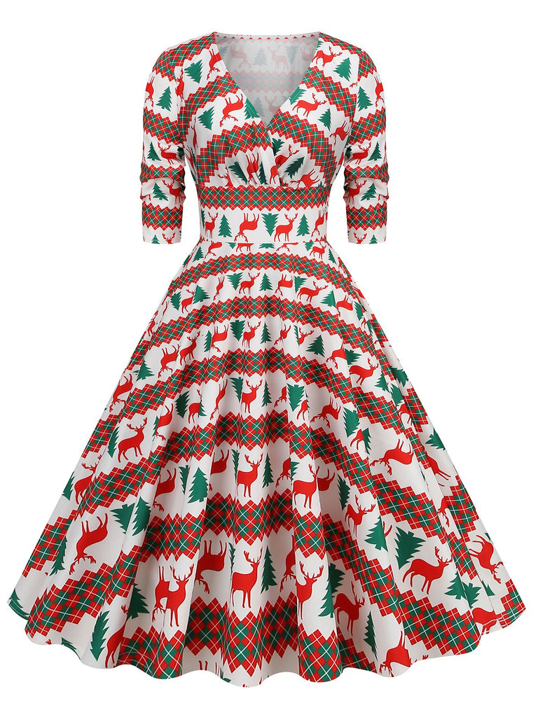 1950s Christmas Patchwork V-neck Dress — vintage elegance for the modern woman
