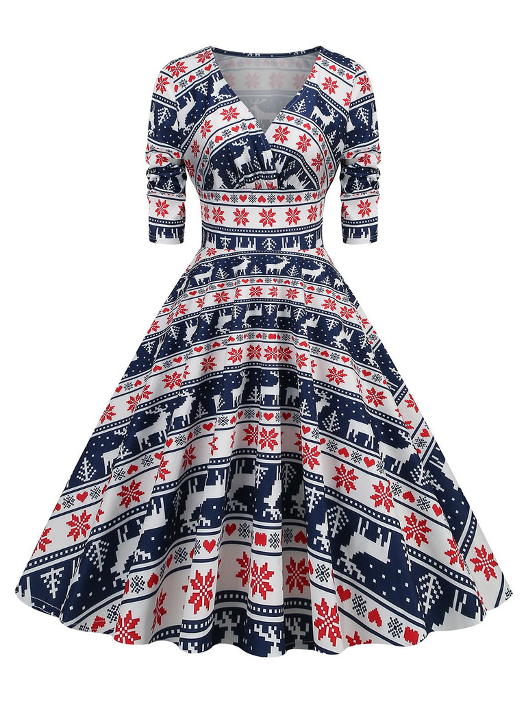 1950s Christmas Patchwork V-neck Dress: timeless style reimagined