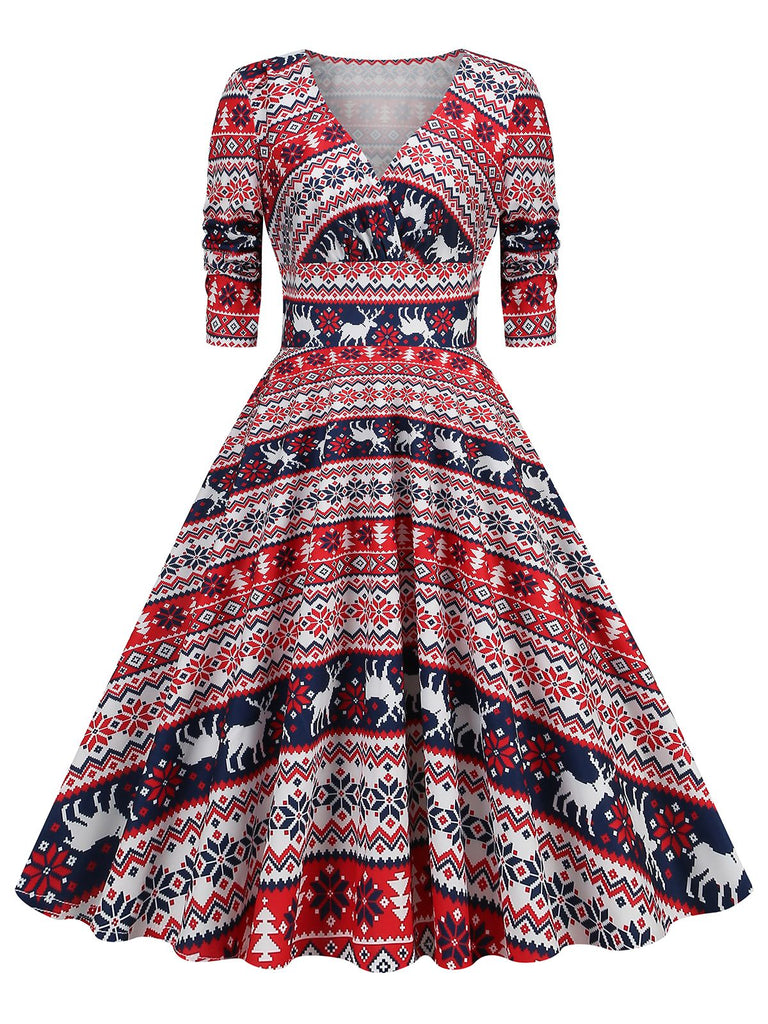 1950s Christmas Patchwork V-neck Dress — vintage elegance for the modern woman