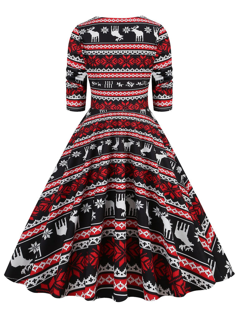 1950s Christmas Patchwork V-neck Dress: timeless style reimagined