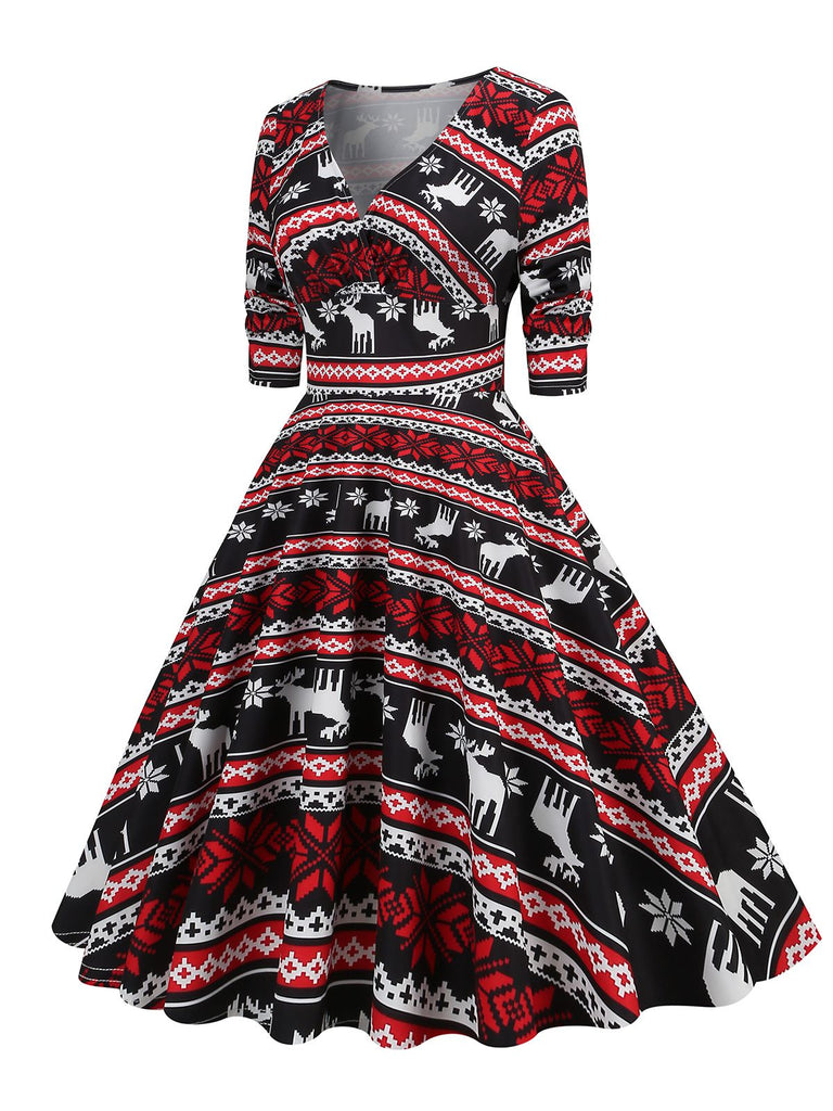 1950s Christmas Patchwork V-neck Dress — vintage elegance for the modern woman