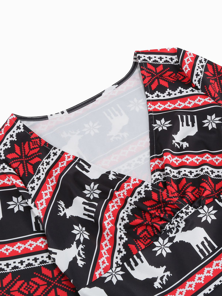 1950s Christmas Patchwork V-neck Dress: timeless style reimagined