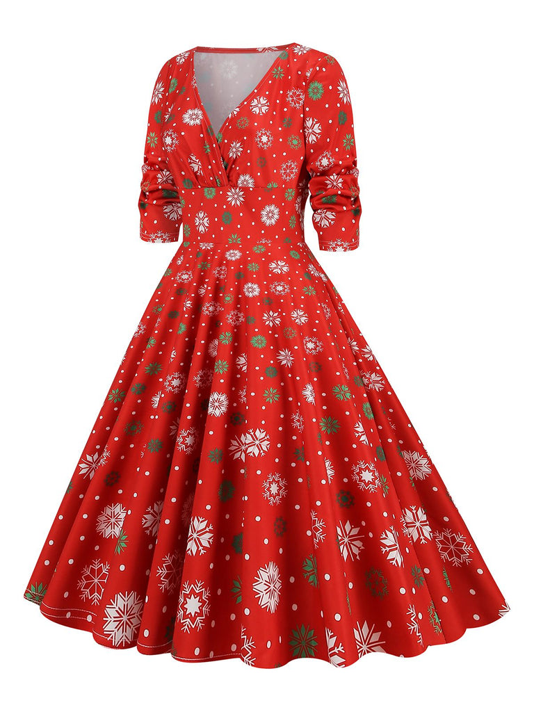 1950s Christmas Patchwork V-neck Dress: where 1950s romance meets her modern spirit