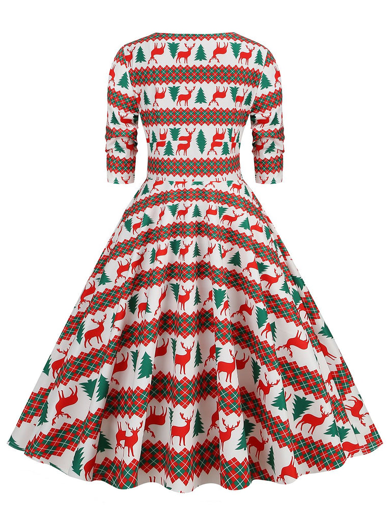 1950s Christmas Patchwork V-neck Dress: where 1950s romance meets her modern spirit