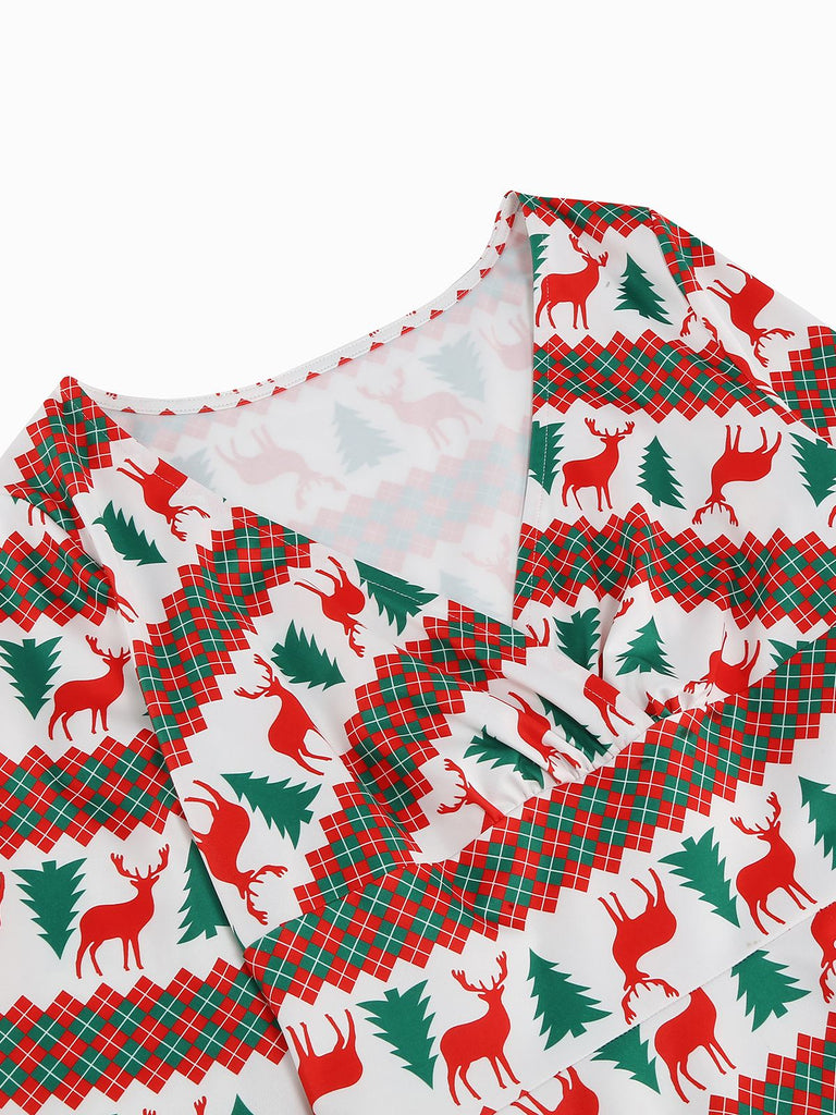 1950s Christmas Patchwork V-neck Dress — the kind of 1950s dress that makes strangers smile