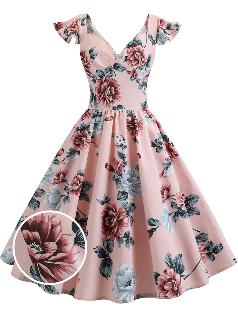 1950s Floral Flare Sleeve Swing Dress, classic 1950s style elegant retro fashion - Image 7
