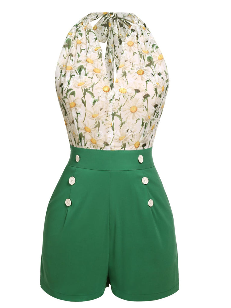 1950s Floral Halter Button Lace-up Romper — vintage elegance for the modern woman