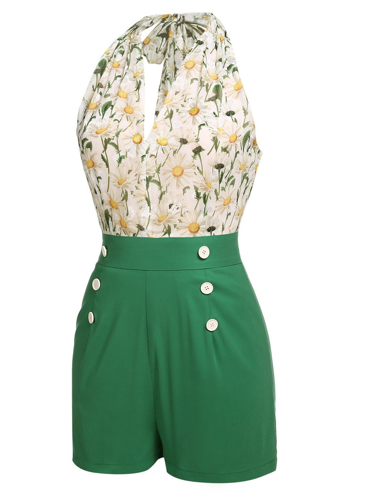 1950s Floral Halter Button Lace-up Romper: timeless style reimagined