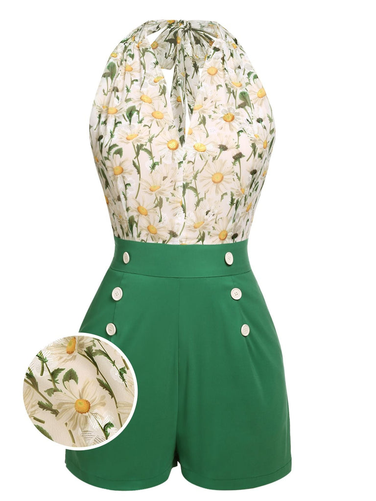 1950s Floral Halter Button Lace-up Romper — vintage elegance for the modern woman
