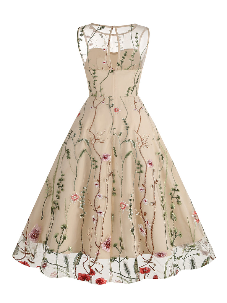 1950s Flower Gauze Sleeveless Swing Dress: timeless style reimagined