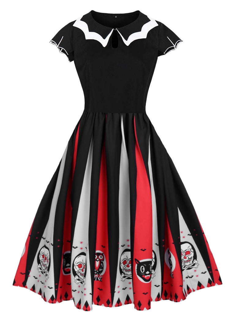 1950s Halloween Skull Owl Patchwork Dress — vintage elegance for the modern woman