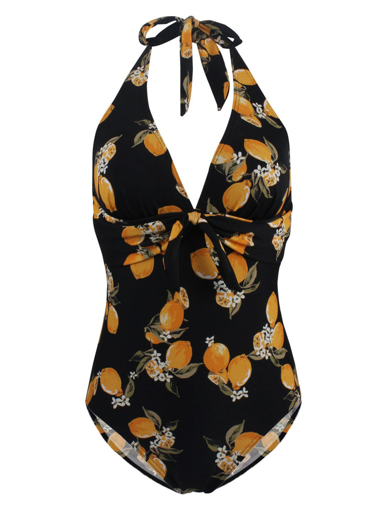 1950s Halter Lemon One-Piece Swimsuit, classic 1950s style summer beach collection - Image 1
