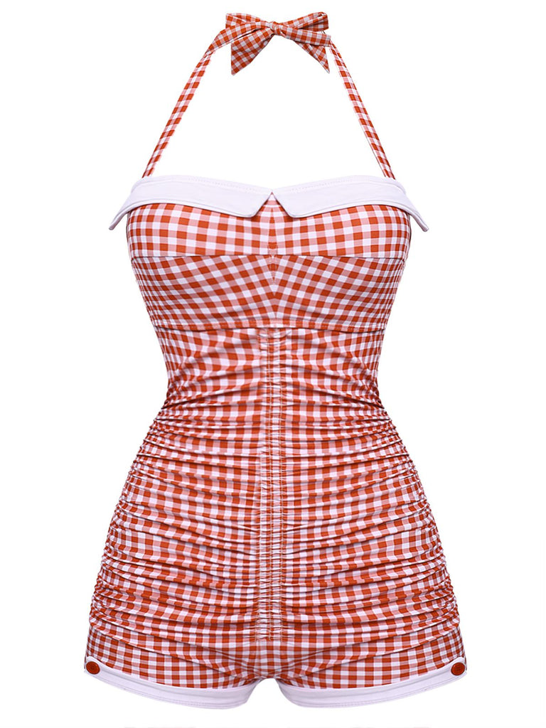 1950s Halter Striped Polka Dot Bowknot One-piece Swimsuit | vintage swimwear, retro swimsuit, pin-up style - perfect for retro fashion enthusiasts
