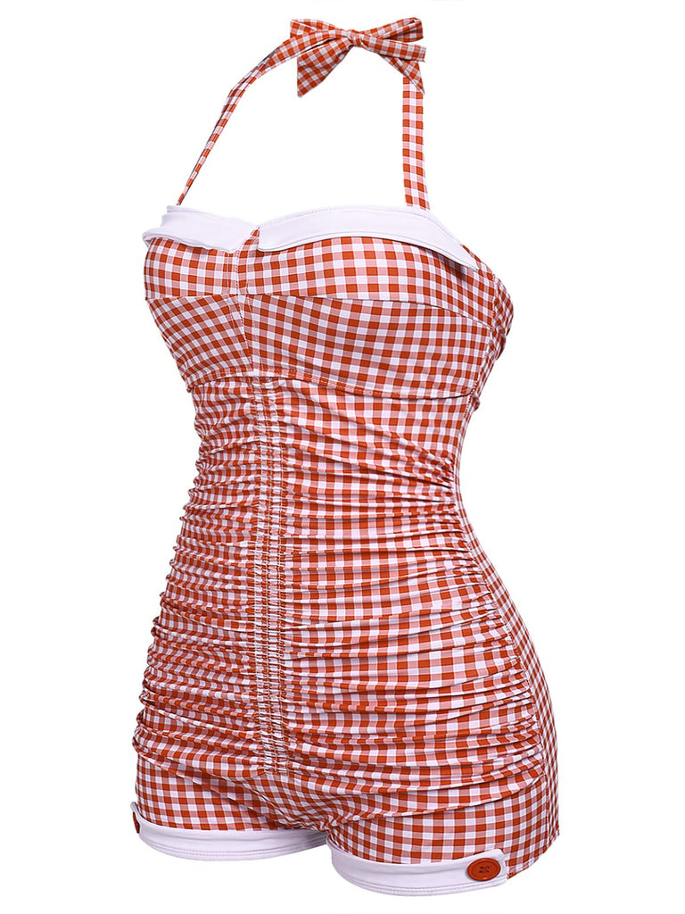 1950s Halter Striped Polka Dot Bowknot One-piece Swimsuit - vintage swimwear, retro swimsuit, pin-up style for vintage lovers
