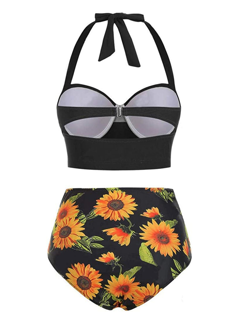 1950s Halter Sunflower Pleated Bikini Set — vintage elegance for the modern woman