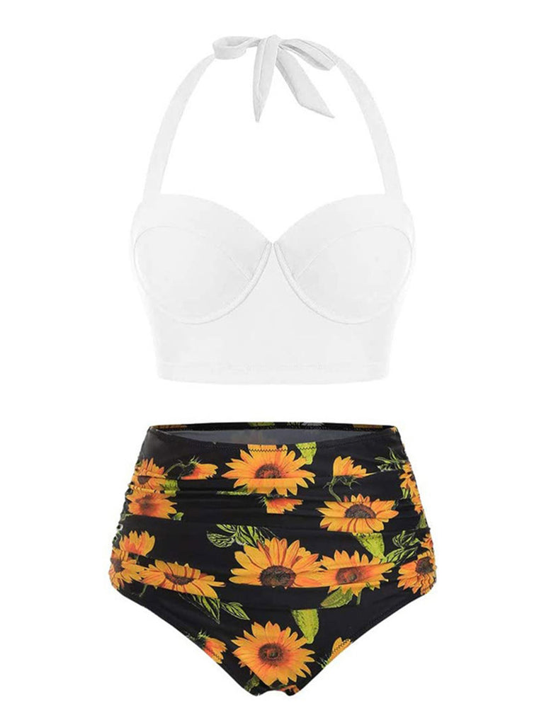 1950s Halter Sunflower Pleated Bikini Set: timeless style reimagined