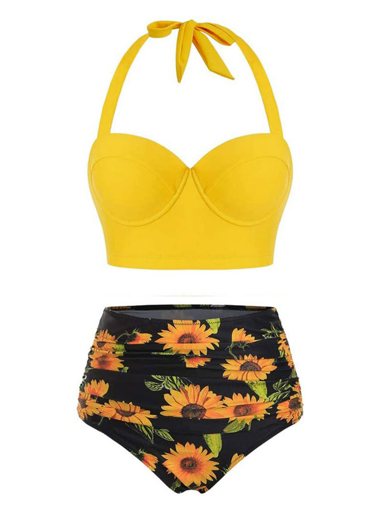 1950s Halter Sunflower Pleated Bikini Set: timeless style reimagined