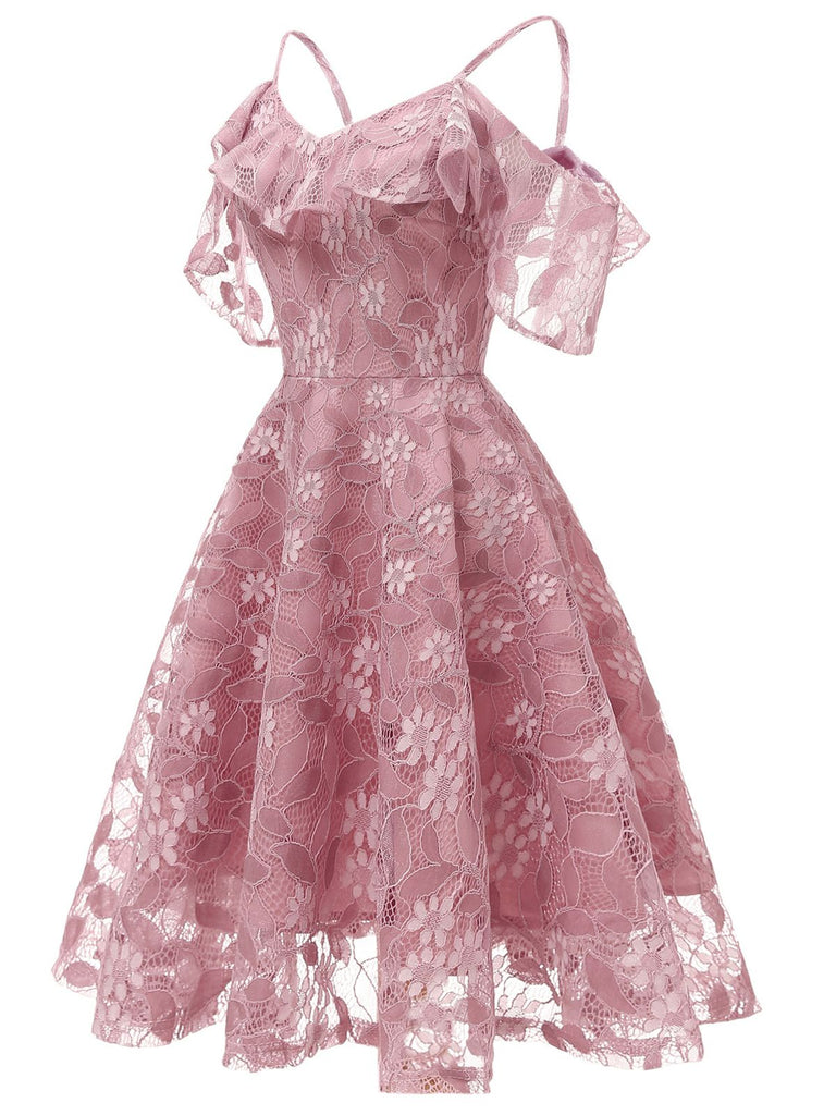 1950s Lace Cold Shoulder Ruffle Dress, classic 1950s style elegant retro fashion - Image 13