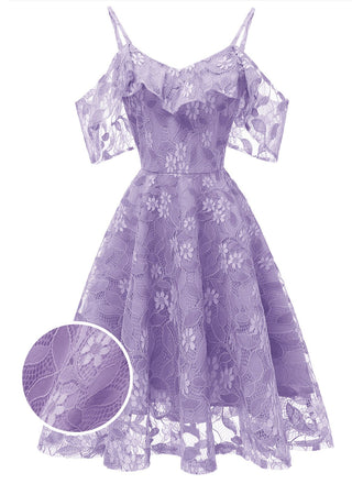 1950s Lace Cold Shoulder Ruffle Dress, classic vintage style elegant retro fashion - Image 45
