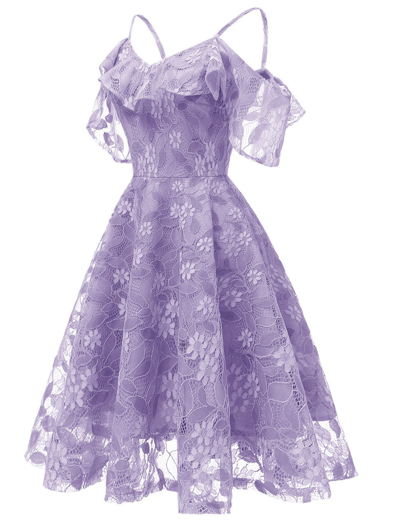 1950s Lace Cold Shoulder Ruffle Dress, classic vintage style elegant retro fashion - Image 47