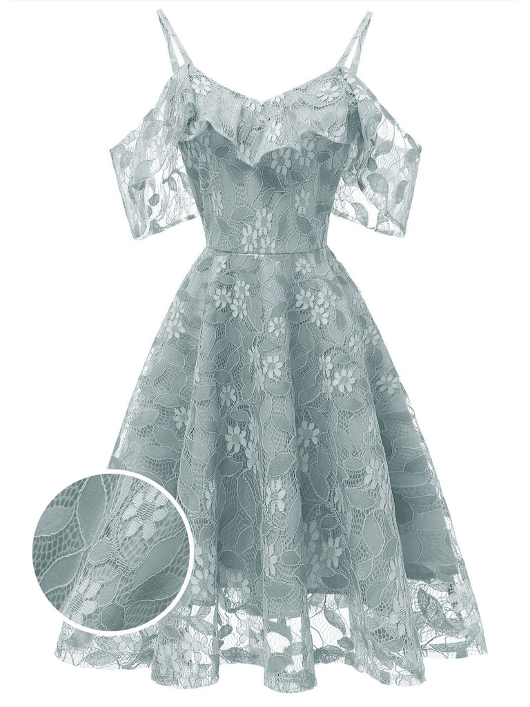 1950s Lace Cold Shoulder Ruffle Dress, classic vintage style elegant retro fashion - Image 60