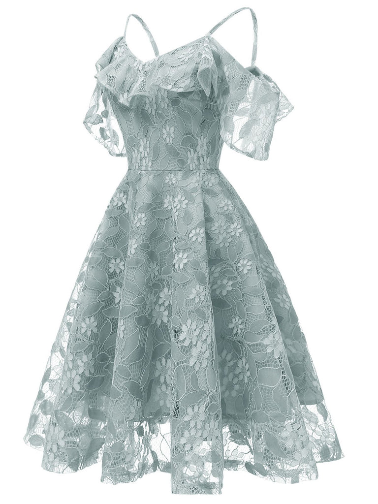 1950s Lace Cold Shoulder Ruffle Dress, classic vintage style elegant retro fashion - Image 62