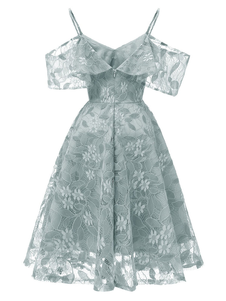 1950s Lace Cold Shoulder Ruffle Dress, classic vintage style elegant retro fashion - Image 63
