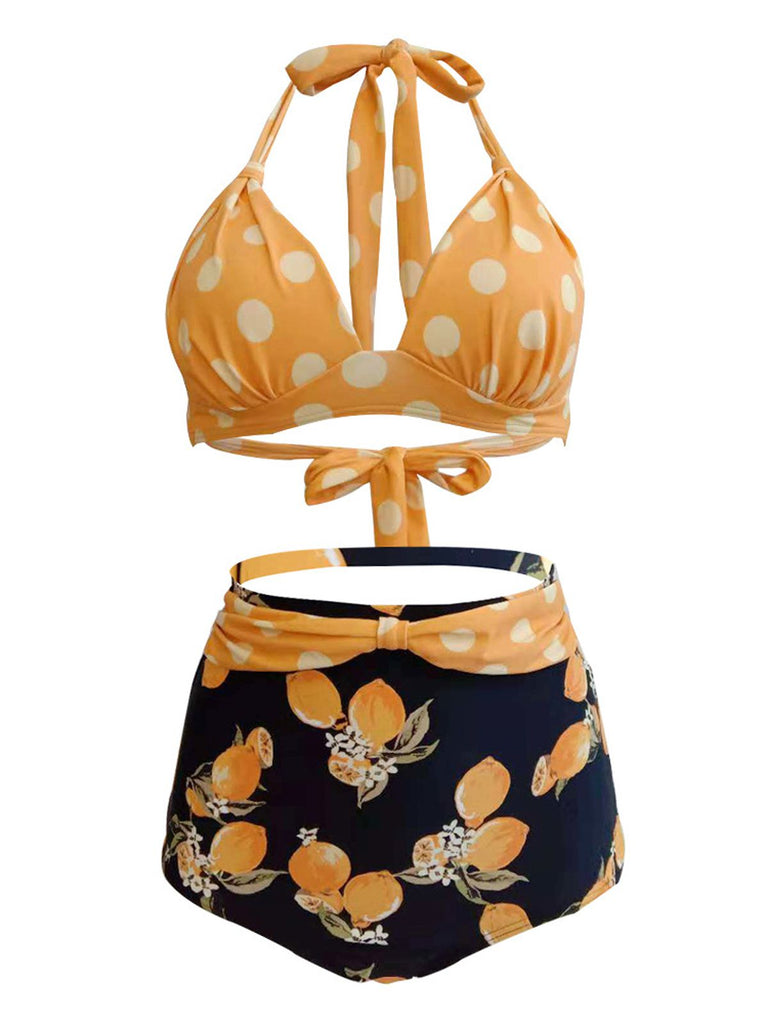 1950s Lemon Polka Dot Halter Bikini — vintage elegance for the modern woman