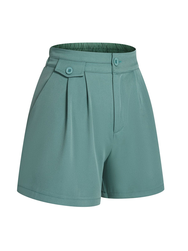 Mint Green 1950s Solid Pleating Decorative Pocket Shorts - vintage fashion, retro style