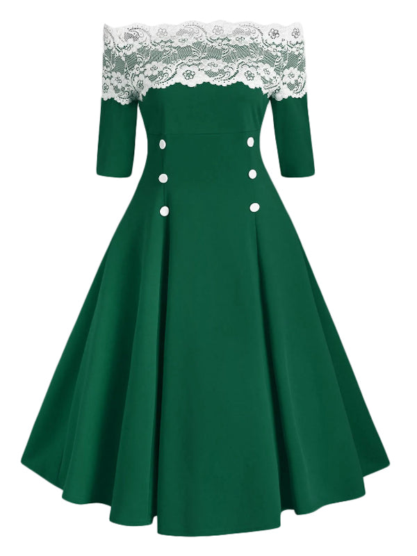 1950s Off Shoulder Button Embellished Dress: timeless style reimagined