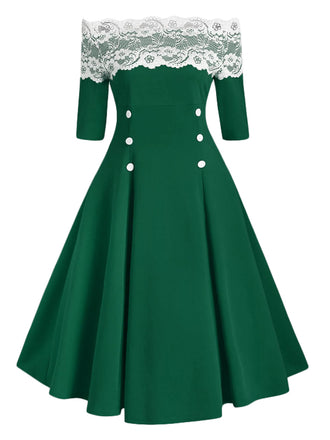 1950s Off Shoulder Button Embellished Dress: timeless style reimagined