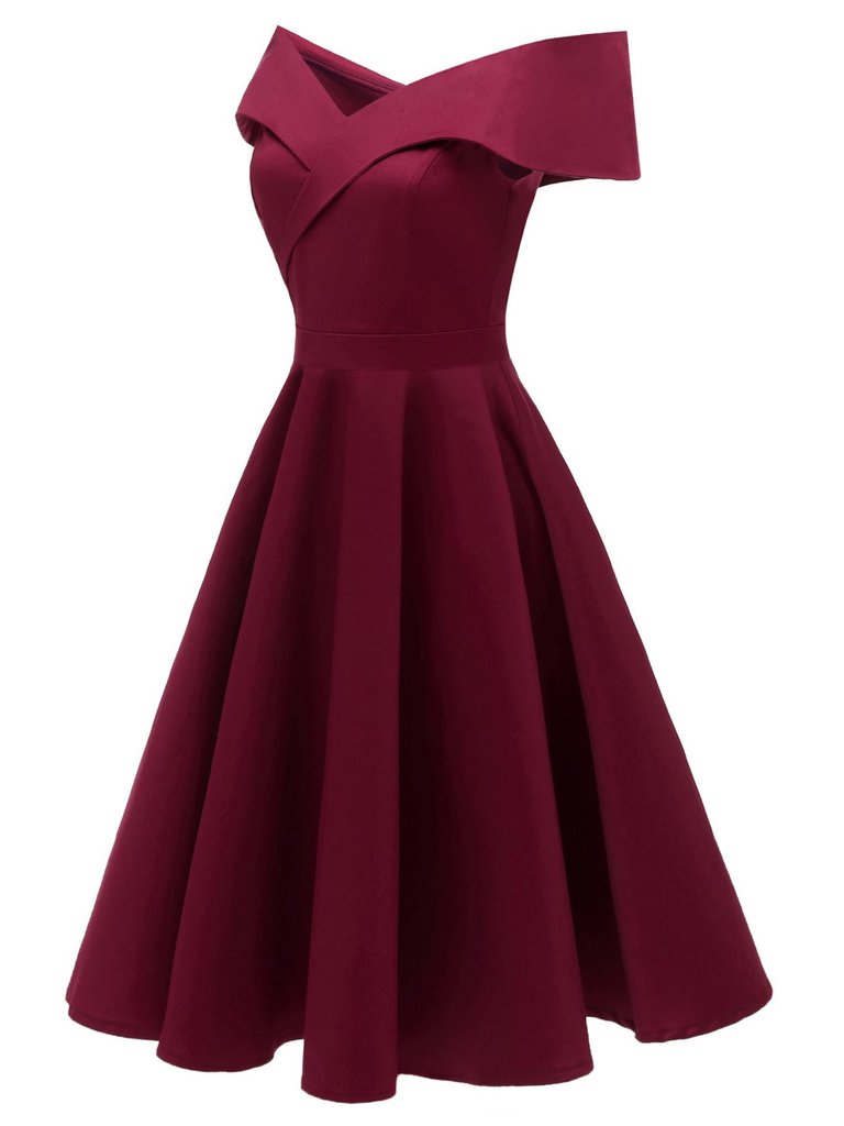 1950s Off Shoulder Swing Dress: beautiful vintage dress, retro fashion, elegant style with timeless appeal