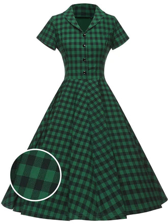 1950s Plaid Button Swing Dress, classic 1950s style elegant retro fashion - Image 1