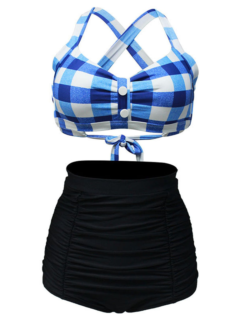 1950s Plaid Criss Cross Pleated Bikini, classic 1950s style summer beach collection - Image 1