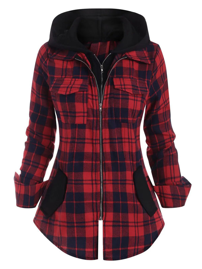 1950s Plaid Pocket Hooded Zipper Tops — vintage elegance for the modern woman