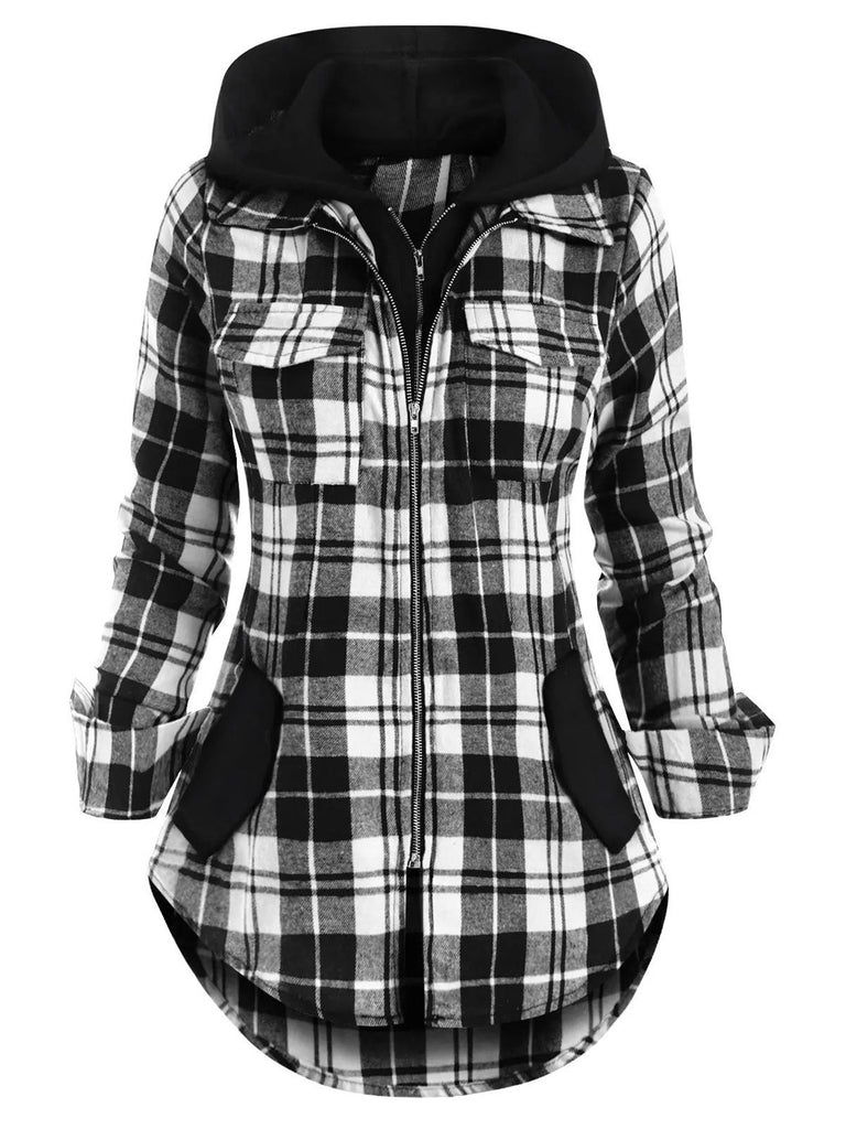 1950s Plaid Pocket Hooded Zipper Tops - vintage fashion, retro style