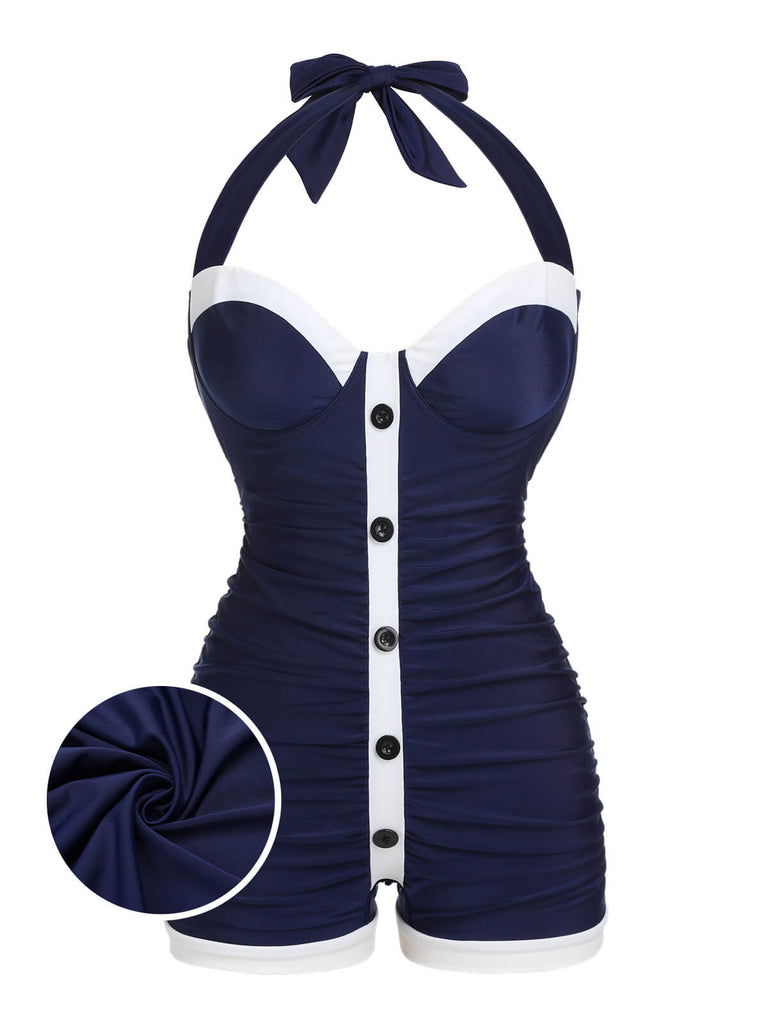 Navy Blue 1950s Pleated Halter Swimsuit, vintage swimsuit, pin-up swimwear - perfect for women who love vintage and retro fashion