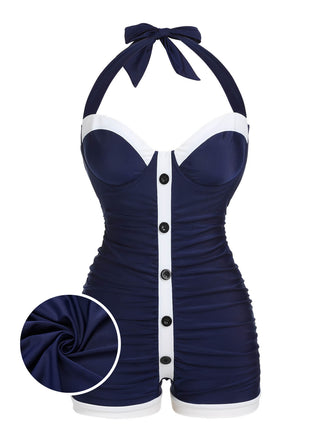 Navy Blue 1950s Pleated Halter Swimsuit, vintage swimsuit, pin-up swimwear - perfect for women who love vintage and retro fashion